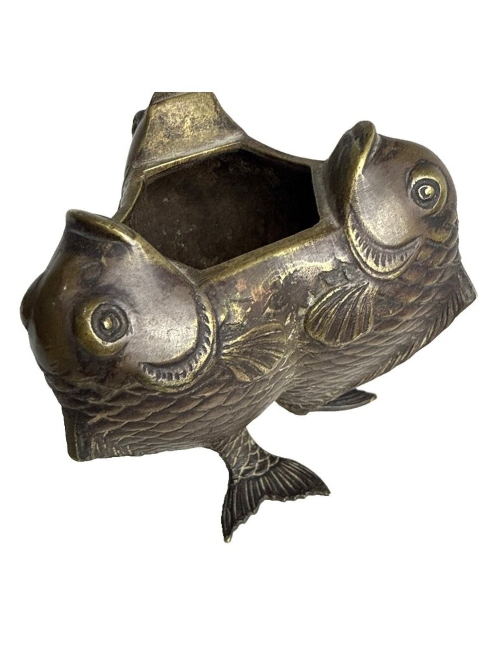 Vintage MCM Bronze 3 Koi Fish Sculpture Vase Unique Detailed Scales Leaping